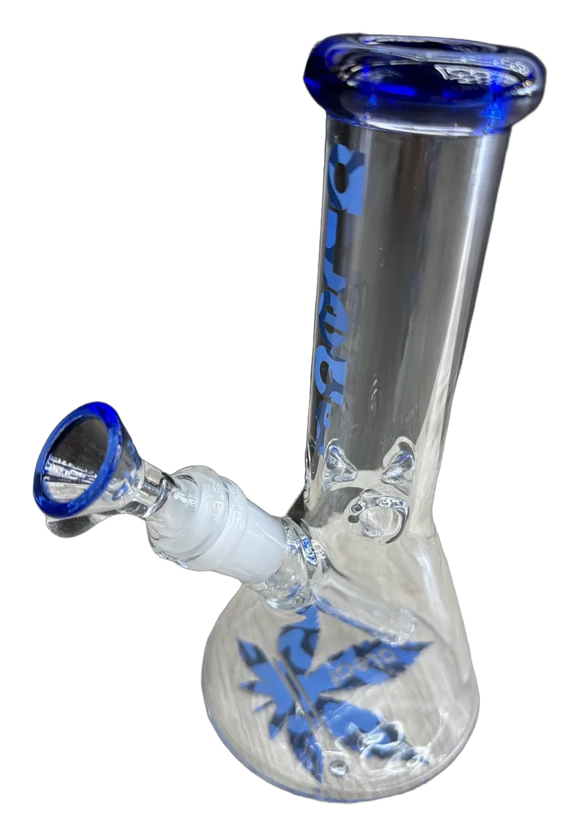 aLeaf clear glass beaker with blue camo leaf print and cobalt lip