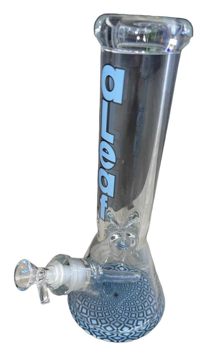 aLeaf clear glass beaker with baby blue logo and optical illusion base pattern