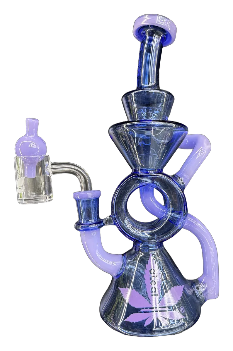 aLeaf blue donut recycler dab rig with lavender arms, quartz banger and carb cap