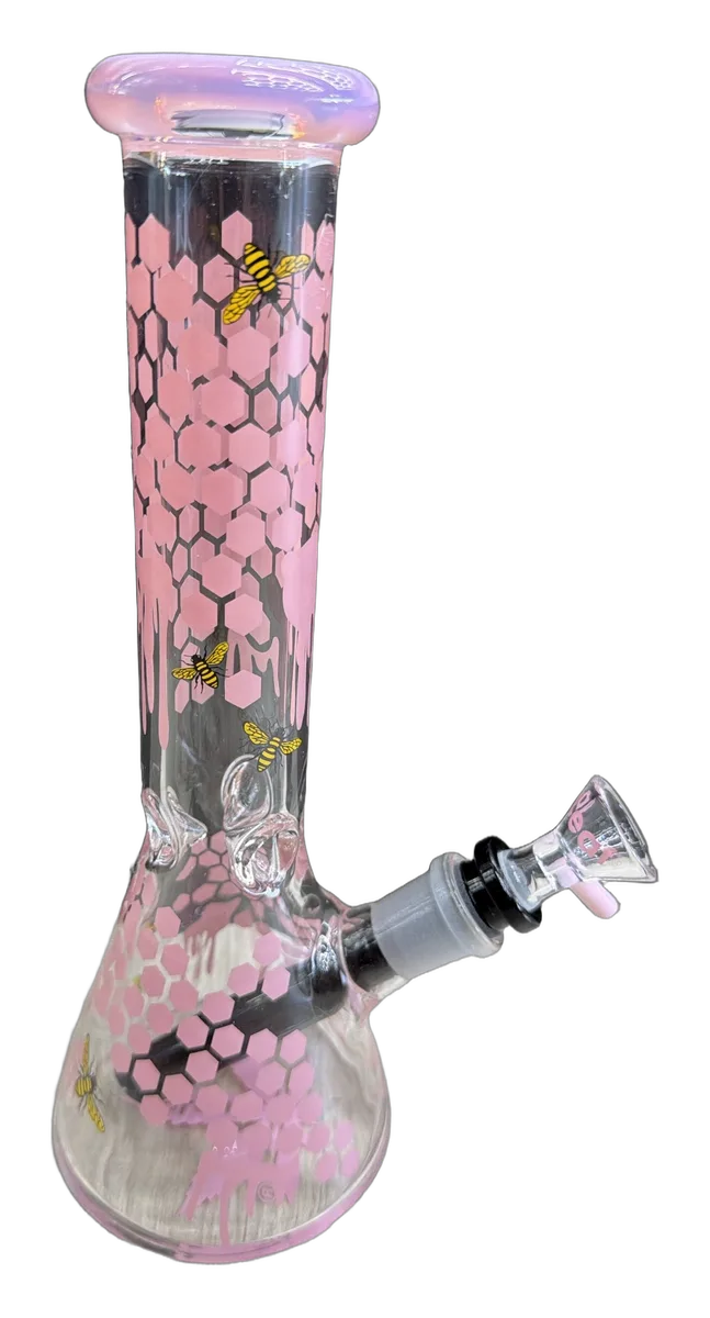 aLeaf pink honeycomb and bee print glass beaker with bowl