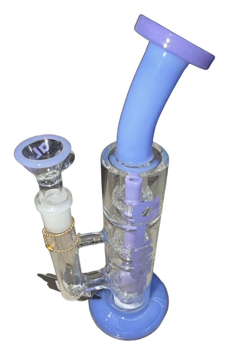 aLeaf periwinkle and lavender water pipe with stacked percolators and bent neck