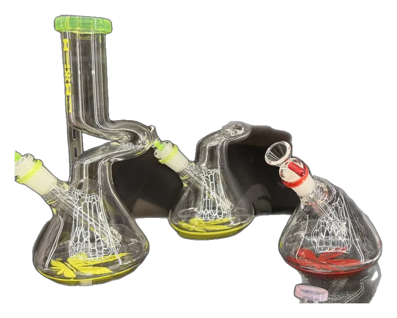aLeaf zong beakers with kinked necks in green and red colorways