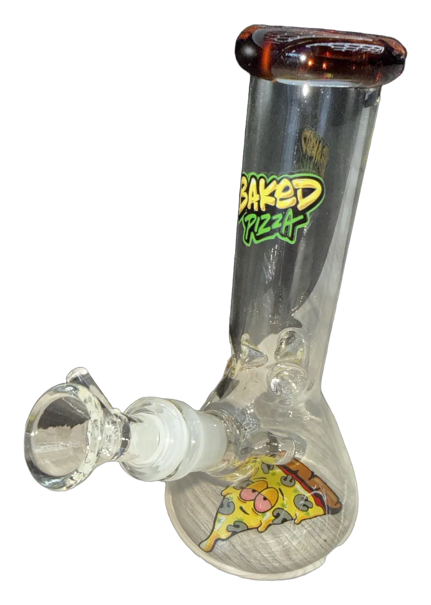 Clear glass beaker with Baked Pizza logo, pizza slice character and amber lip