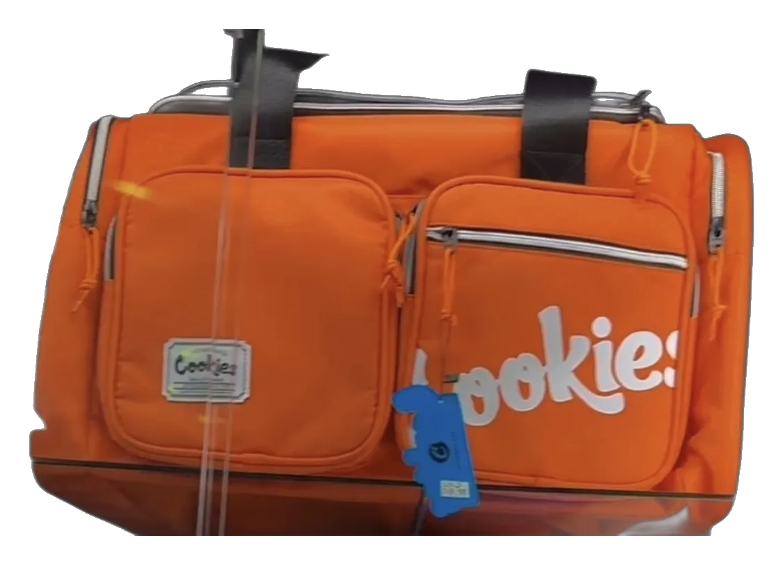 Orange Cookies duffle bag with front zip pockets