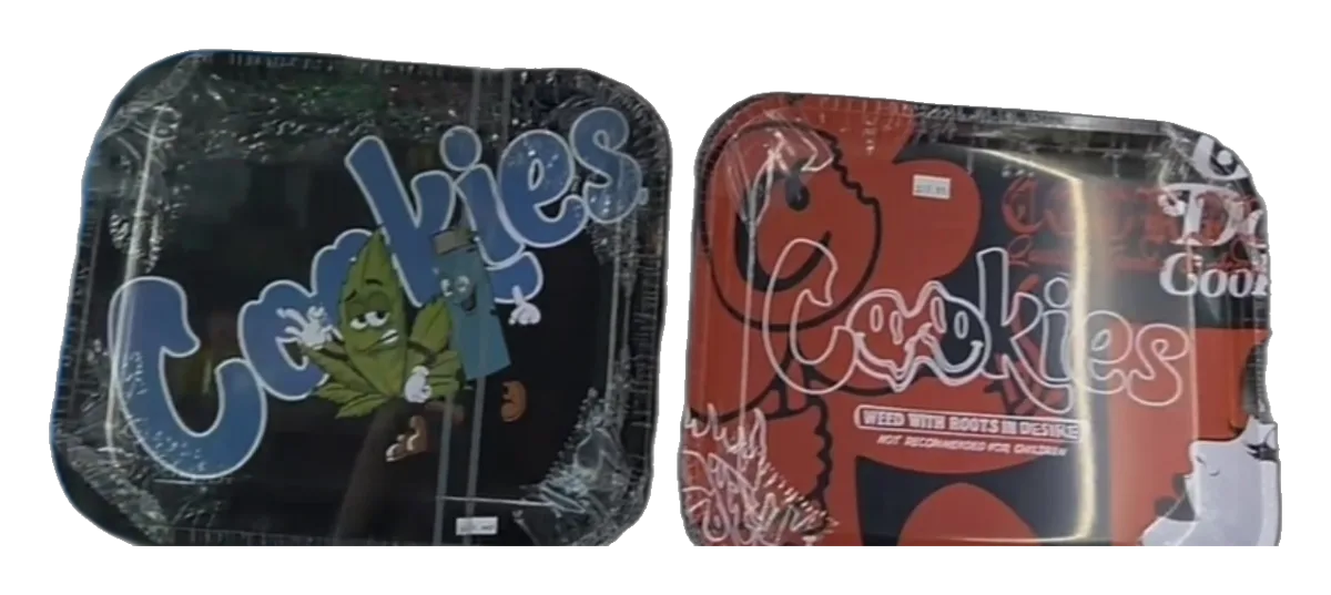 Two Cookies rolling trays with character and flame artwork
