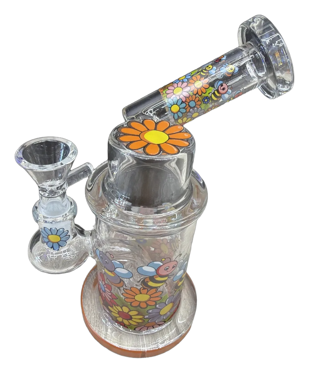 Clear glass water pipe with cartoon bee and daisy print and orange base