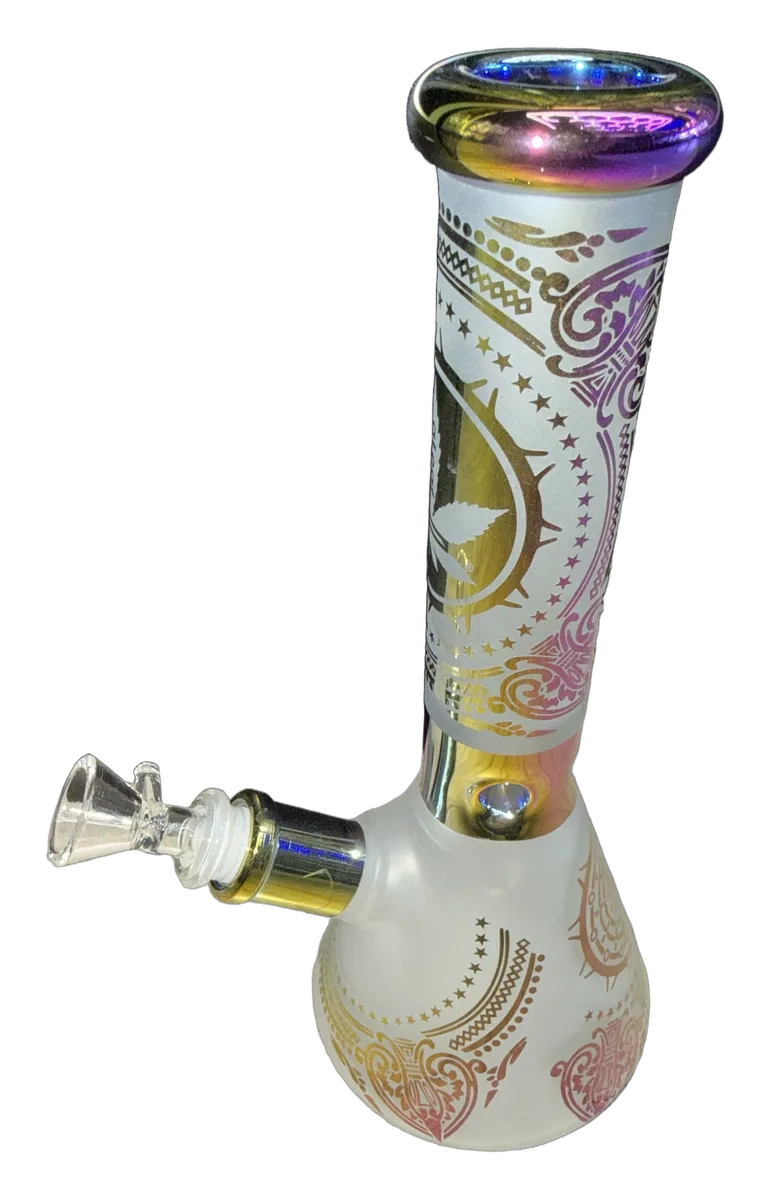 Frosted glass beaker with iridescent gold and violet mandala design