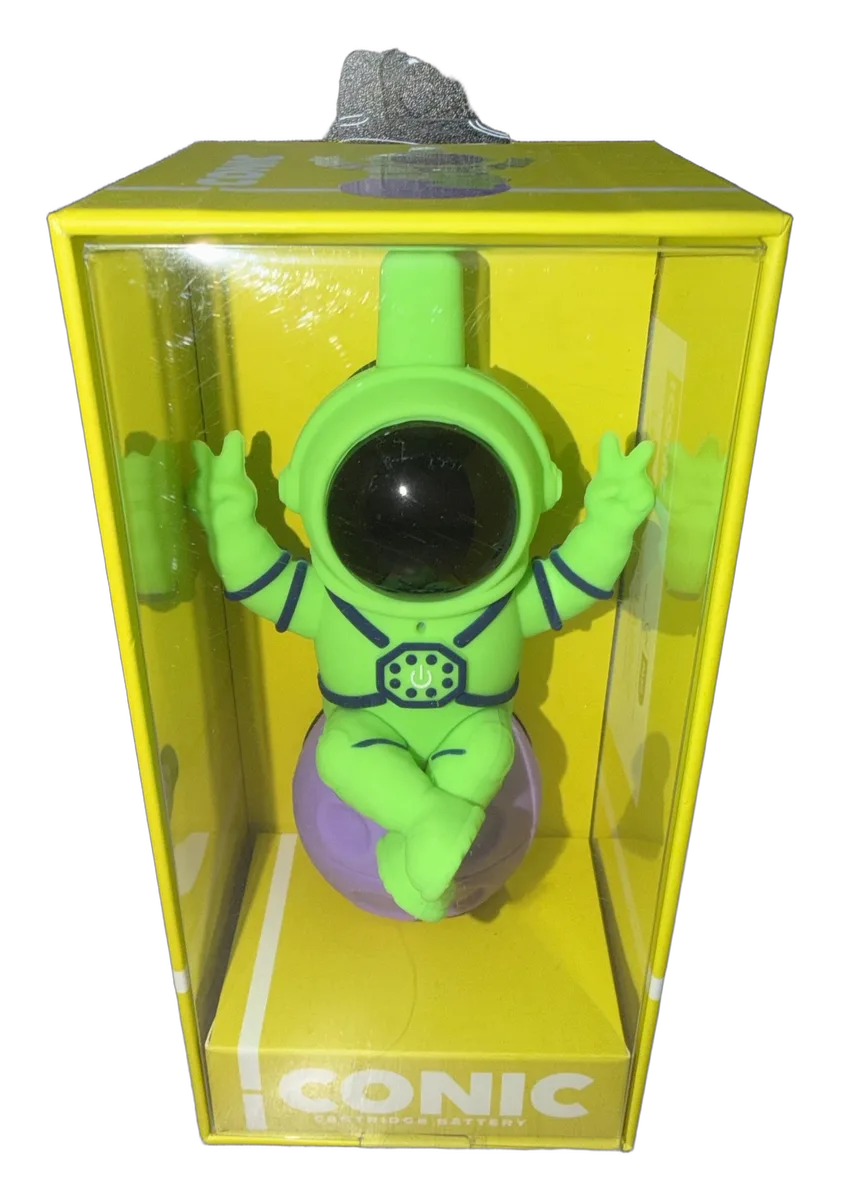 iConic green astronaut cartridge battery figure in yellow display box