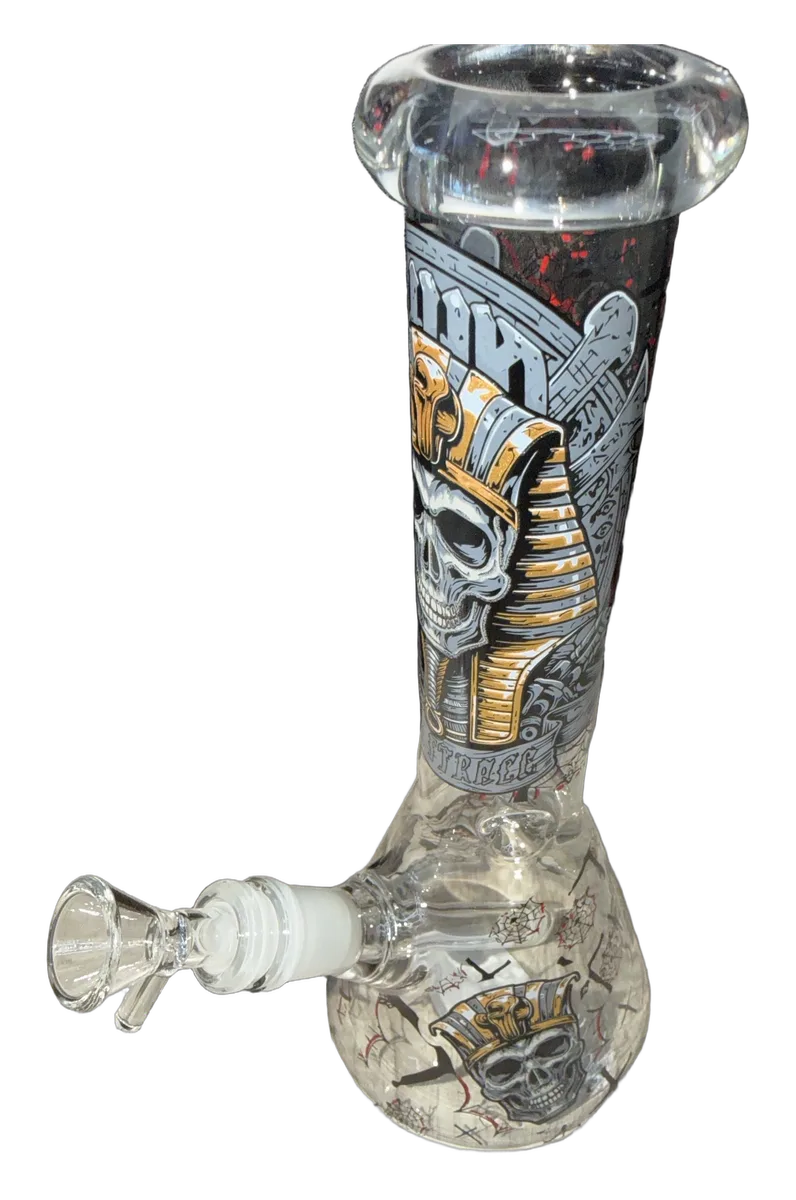 Clear glass beaker with gold and gray pharaoh skull artwork