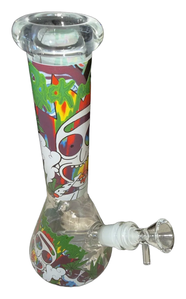 Clear glass beaker with colorful Rick and Morty graffiti wrap